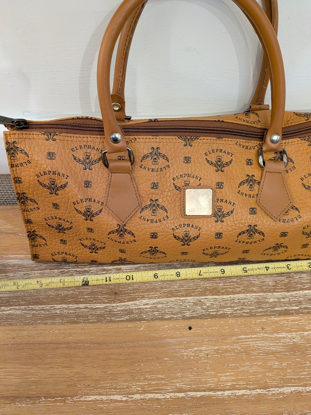Tan Patterned Satchel Handbag - Elephant Logo